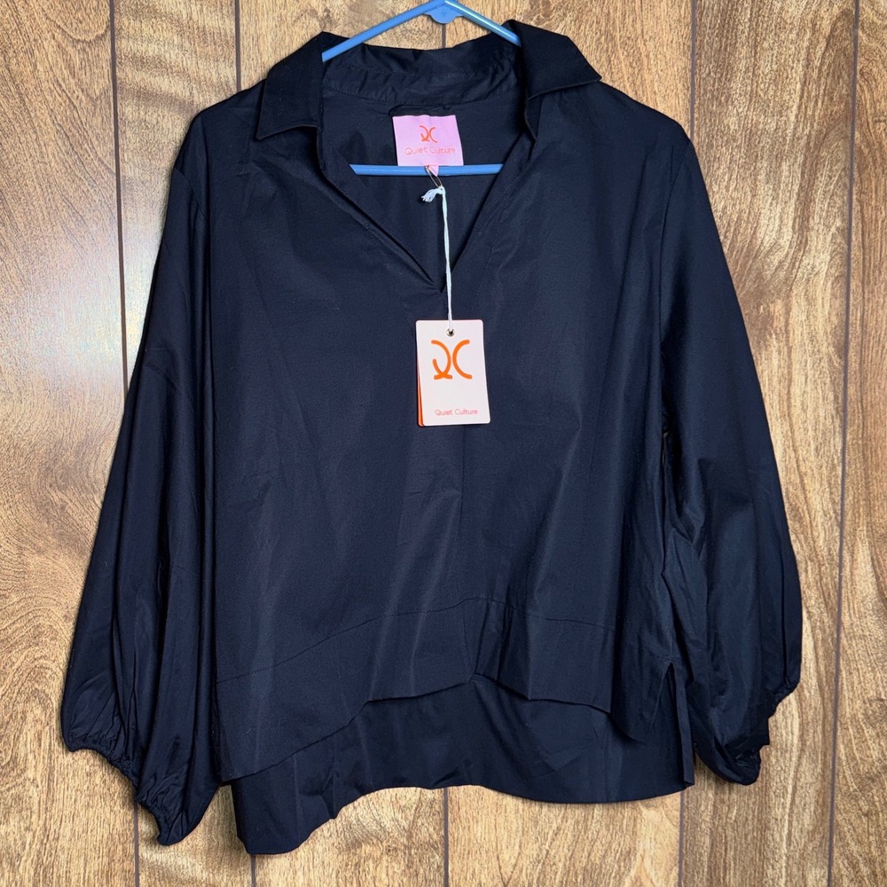 Quiet Culture Take Pause Top Midnight Black Balloon Sleeve V-Neck QCTP-MID-04 L